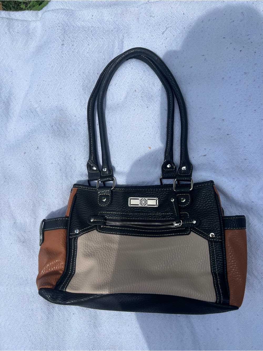 Structured Colorblock Shoulder Bag in Black, Tan & Cream